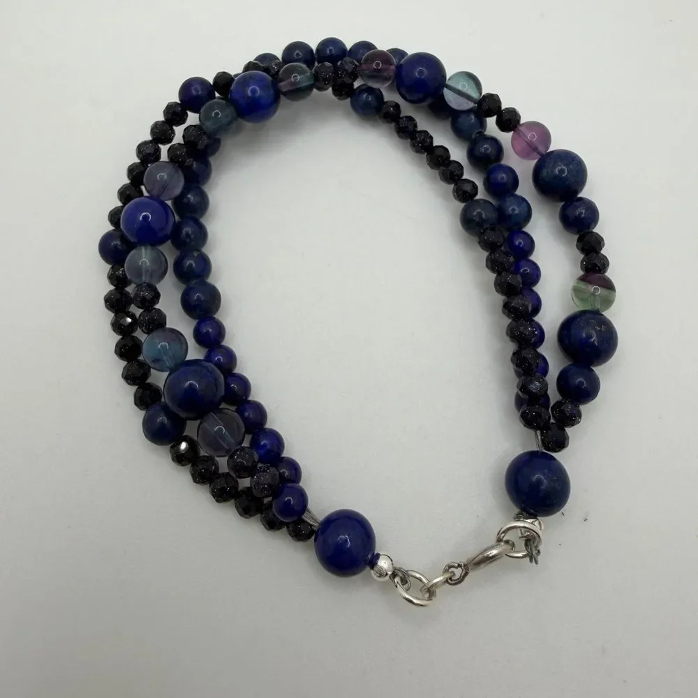 Three‎ strands of Lapis Lazuli, Fluorite, and Sandstone beaded bracelet w/ 925!